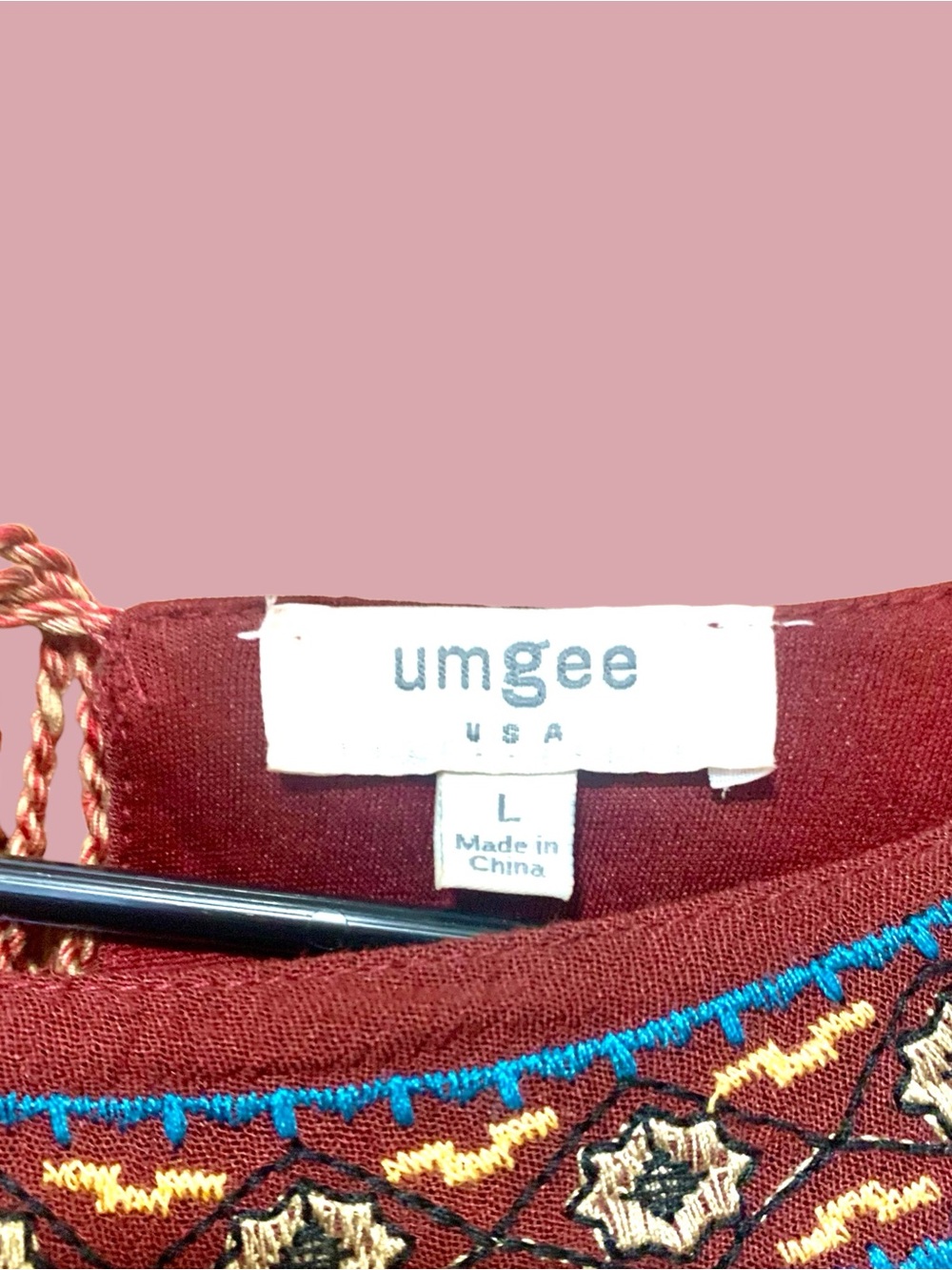 Umgee Wine boho tunic with colorful embroidered yoke and hem. - Picture 4 of 7